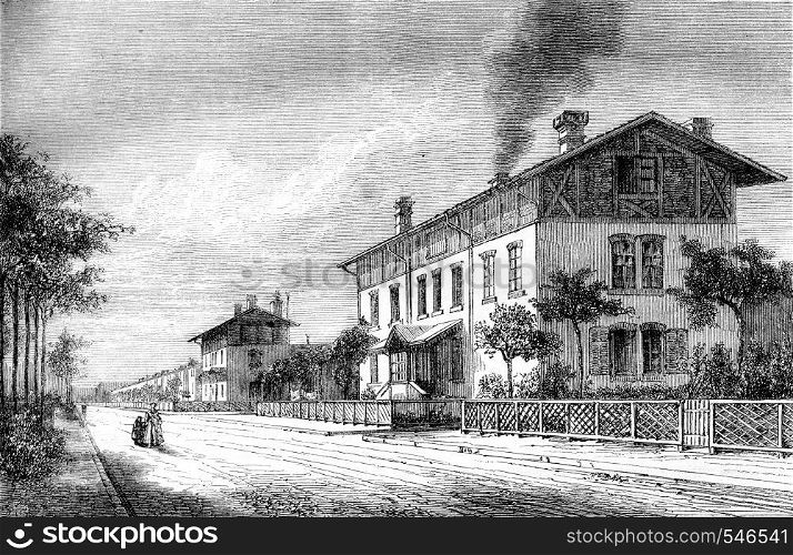 Housing estates of Mulhouse, Bakery, Restaurant, Bath and public Lavoir, vintage engraved illustration. Magasin Pittoresque 1861.