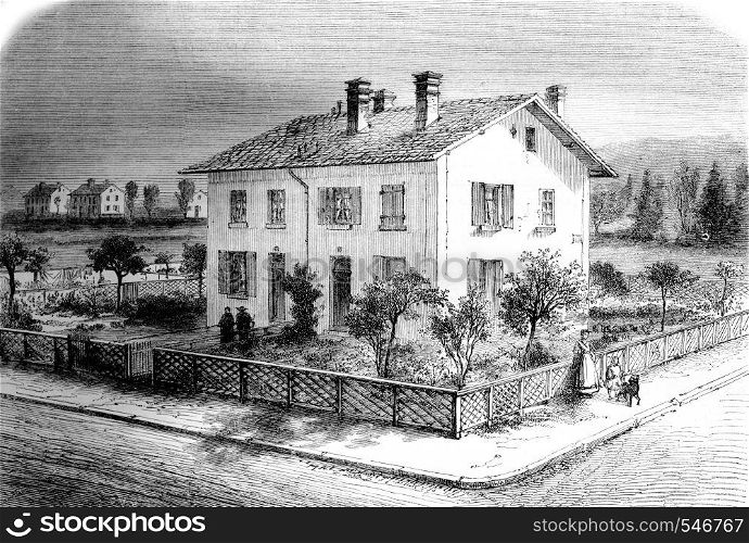 Housing estates of Mulhouse, Pavilion for four households, vintage engraved illustration. Magasin Pittoresque 1861.