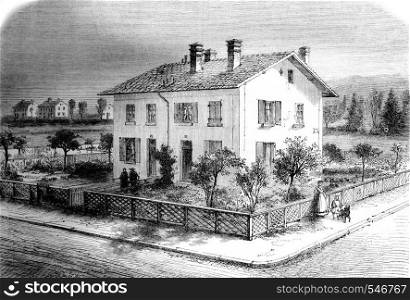 Housing estates of Mulhouse, Pavilion for four households, vintage engraved illustration. Magasin Pittoresque 1861.