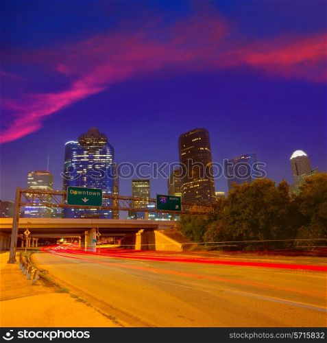 Houston downtown skyline at sunset dusk in Texas US USA