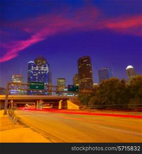 Houston downtown skyline at sunset dusk in Texas US USA