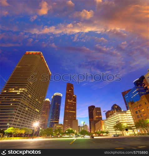Houston Downtown skyline at sunset from south in Texas US USA