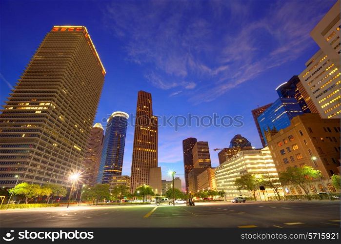 Houston Downtown skyline at sunset from south in Texas US USA