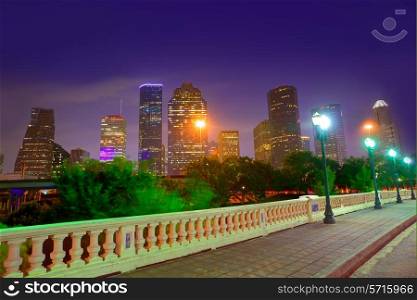 Houston skyline at sunset from Sabine St bridge Texas USA US America