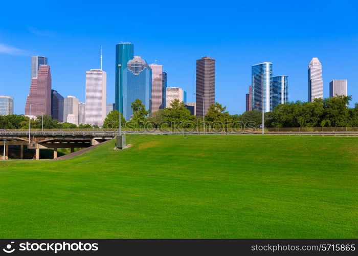 Houston skyline blue sky and Memorial park turf at Texas USA US