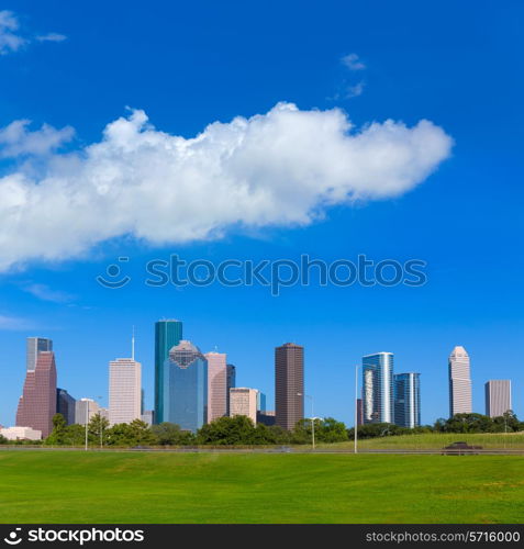 Houston skyline blue sky and Memorial park turf at Texas USA US