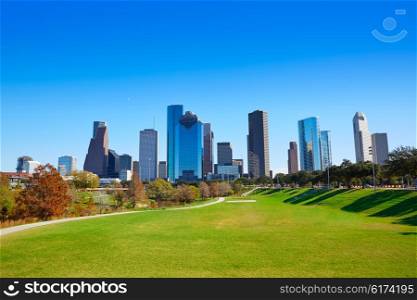 Houston skyline in sunny day from park grass of Texas USA