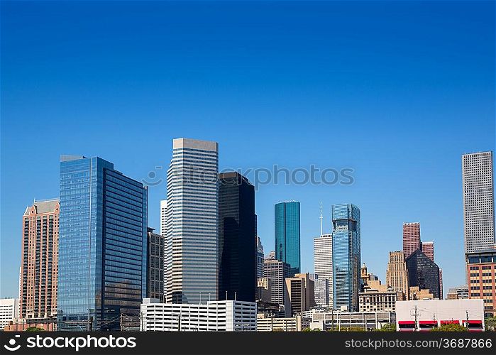 Houston Texas downtown skyscrappers skyline on blue sky day