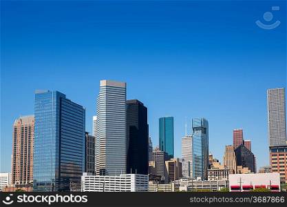 Houston Texas downtown skyscrappers skyline on blue sky day