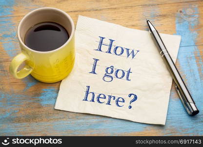 How I got here? A handwriting on a napkin with a cup of espresso coffee