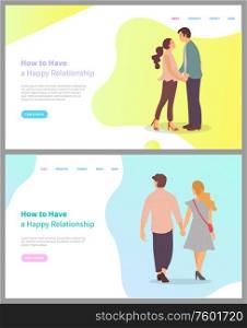How to build happy relationship vector, boyfriend and girlfriend in love, people cuddling and walking together, man and woman on love, couple. Website or webpage template, landing page flat style. How to Build Happy Relationship Boyfriend Set
