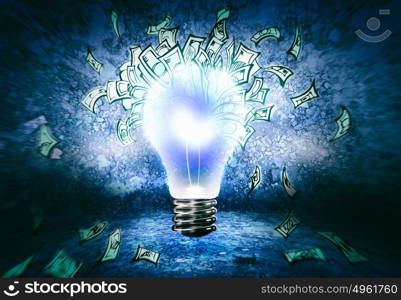 How to earn money?. Background image with light bulb and money banknotes