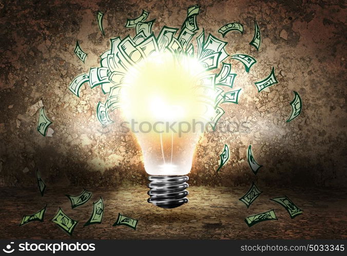 How to earn money?. Background image with light bulb and money banknotes