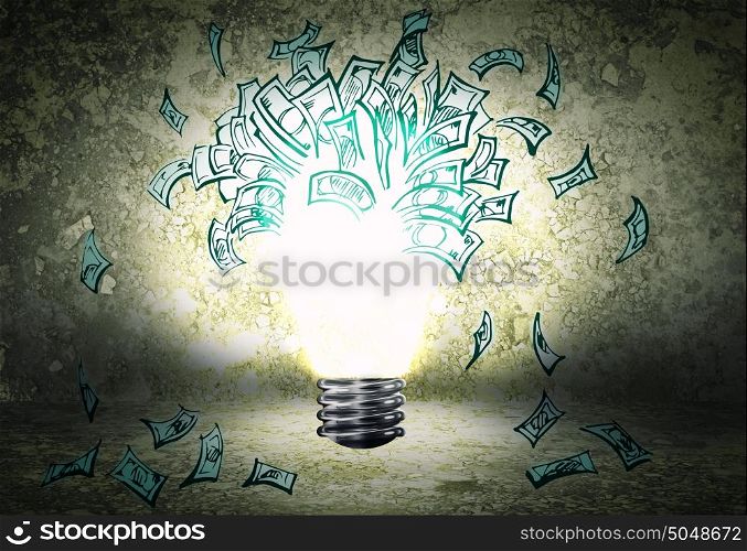 How to earn money?. Background image with light bulb and money banknotes