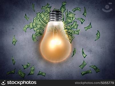 How to earn money?. Background image with light bulb and money banknotes