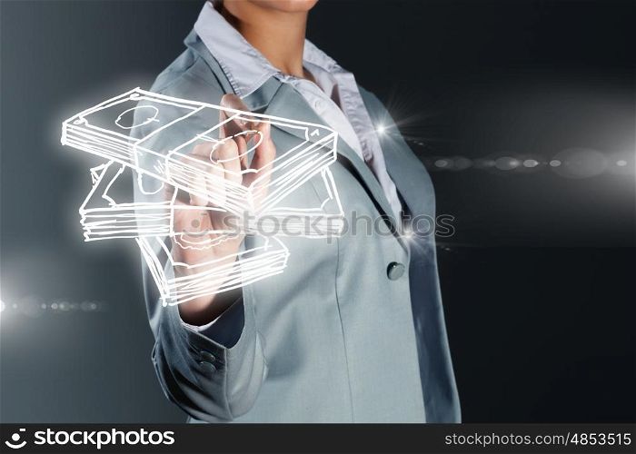 How to earn money. Chest view of businesswoman drawing money banknotes on screen