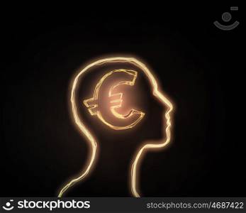 How to earn money. Human head and brain with euro sign on dark background