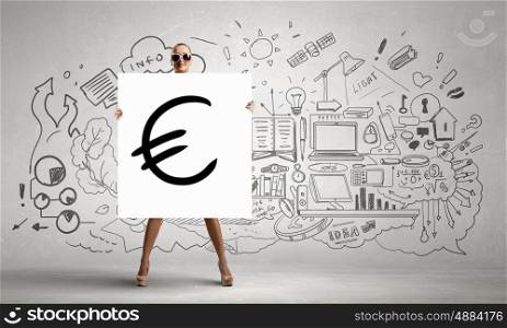 How to increase your income. Young woman showing banner with euro sign an sketches at background