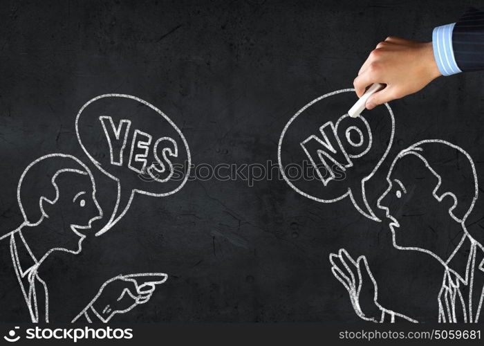 How to keep dialogue going. Close up of hand drawing dialogue between two on blackboard