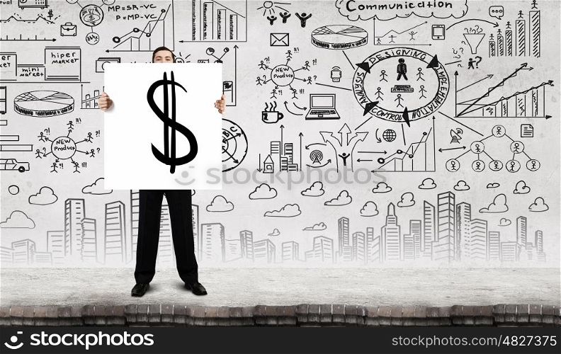 How to make your income grow. Businessman holding banner with drawn money earning concept