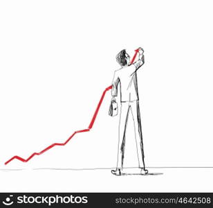 How to make your money grow. Caricature of businessman with tall legs drawing growing arrow