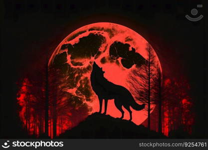 Howling wolf against the full moon background and the wilderness. Neural network AI generated art. Howling wolf against the full moon background and the wilderness. Neural network generated art