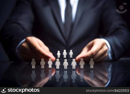 HR concept. HR team managing employee recruitment and personnel within business. Human resources select and hire the right candidates for job. Human resource and personnel management. Generative AI.