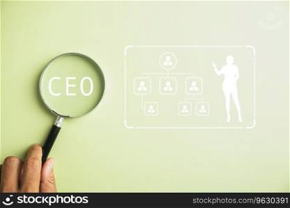 HR officer looks for leader and CEO. HR manager selects employee. Leader stands out from crowd. Looking for a good worker. HR, HRM, HRD. CEO text focuses through magnifying glass.