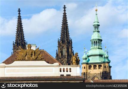 Hradcany Castle and St. Vitus Cathedral tops , Prague, Czech Republic .