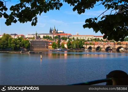 Hradcany district of Prague, the Vltava River and the Charles Bridge. Czech Republic