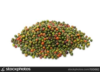 hrap of fresh green and orange peppercorns on white background