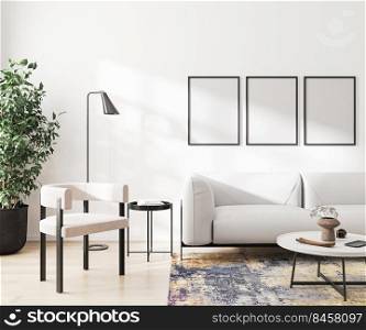 hree blank frames mock up in home living room interior with white sofa, 3d rendering. three blank frames mock up in home living room interior with white sofa, 3d rendering