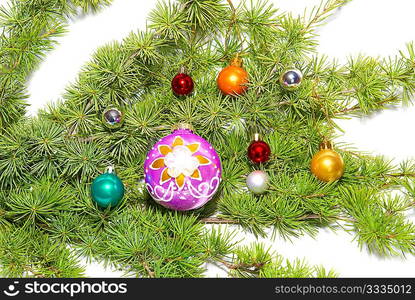 !hristmas baubles, fir tree and decoration isolated on white