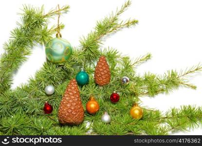 ?hristmas baubles, fir tree and decoration isolated on white