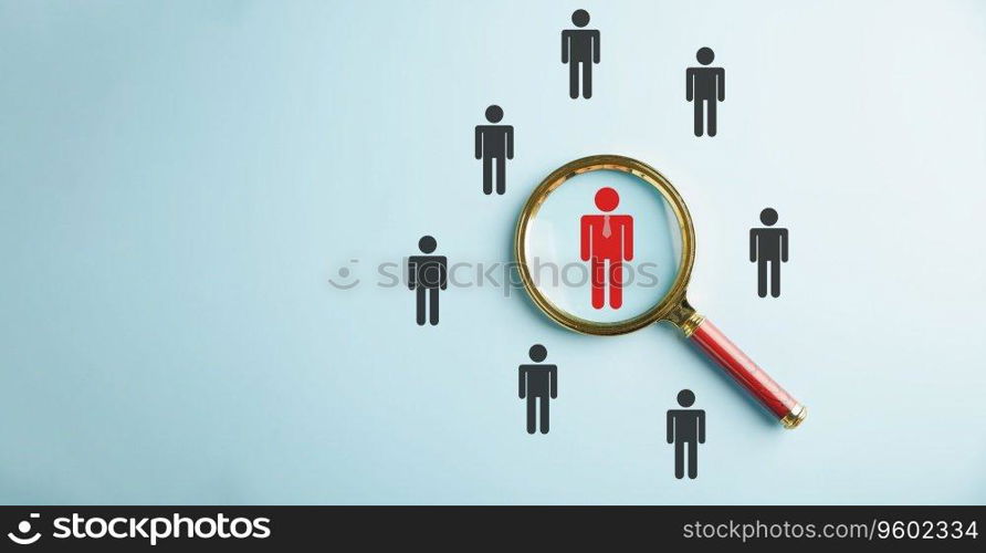 HRM strategy Magnifier glass focuses on manager icon, signifying its impact on human development, recruitment, and leadership in the organization. employees selection, Human Resource Management