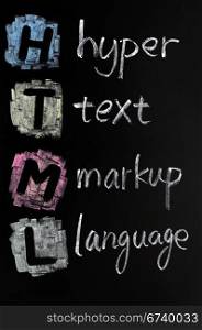HTML acronym - hyper text markup language written in chalk on a blackboard
