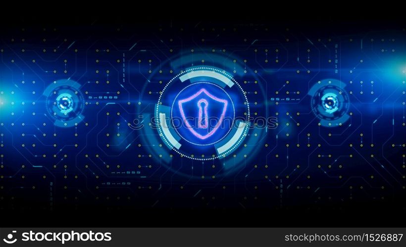 HUD and Shield Icon of Cyber Security. Circuit board data transfer. Digital Data Network Protection. Future Technology Network Concept.