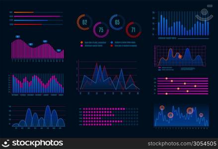Hud infographics. Futuristic infographic diagram for interface, digital screen with hologram optional graphic and workflow charts vector dashboard abstract colorful graph set. Hud infographics. Futuristic infographic diagram for interface, digital screen with hologram optional graphic and workflow charts vector set