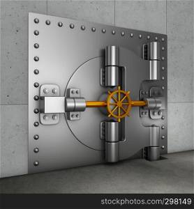 Huge armored door in the banking gold vault. 3d render