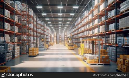 Huge distribution warehouse with high shelves and loaders. Generative AI
