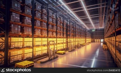 Huge distribution warehouse with high shelves and loaders. Generative AI