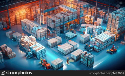 Huge distribution warehouse with high shelves and loaders. Generative AI