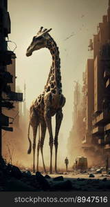 Huge giraffe walking through a destroyed city. Generative AI