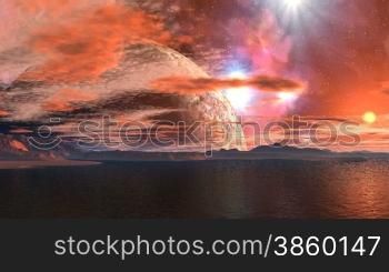 Huge planet rises above the horizon. Bright stars and nebula in the night sky. Floating clouds. In the distant bright yellow sun. Quiet mountain lake surface reflects the light of the sun. On the horizon, no high mountains.