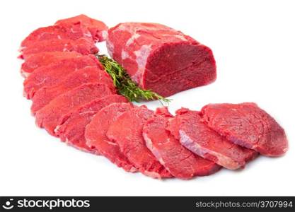 huge red meat chunk and steak isolated over white background
