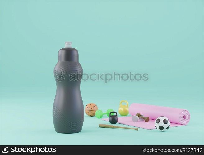 Huge sport water bottle bidon with sport equipment yoga mat dumbbell kettlebell baseball bat and balls concept of drink water while workout fitness training 3D rendering illustration