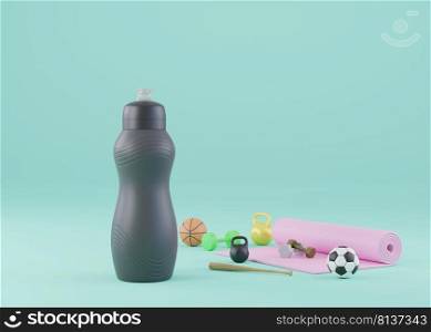 Huge sport water bottle bidon with sport equipment yoga mat dumbbell kettlebell baseball bat and balls concept of drink water while workout fitness training 3D rendering illustration