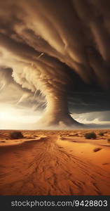 Huge Tornado Hits the Desert Landscape with Great Force. Generative ai. High quality illustration. Huge Tornado Hits the Desert Landscape with Great Force. Generative ai