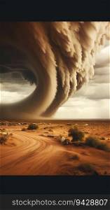 Huge Tornado Hits the Desert Landscape with Great Force. Generative ai. High quality illustration. Huge Tornado Hits the Desert Landscape with Great Force. Generative ai