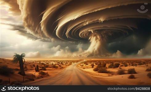 Huge Tornado Hits the Desert Landscape with Great Force. Generative ai. High quality illustration. Huge Tornado Hits the Desert Landscape with Great Force. Generative ai
